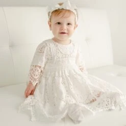 Adeline Lace Dress & Bloomers(Adeline Lace Dress Bloomers Set) -Tiny Trendz Adeline Lace Christening Dress Headband