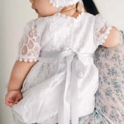 Olivia Christening Gown & Bonnet(Olivia Linen Romper) -Tiny Trendz Back Olivia Christening Gown Detail Ribbon Baby 1400