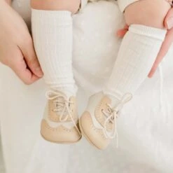 Beige & Ivory Wingtip Shoes(Boys Beige Ivory Wingtip Shoes) -Tiny Trendz Braden Two Tone Shoes Knee Socks 3861