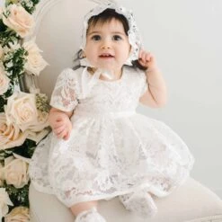 Rose Romper Dress(Rose Romper Dress) -Tiny Trendz Dress Bonnet Christening Rose 1702