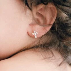 14k Gold & Stone Cross Earrings(14k Gold Stone Cross Earrings) -Tiny Trendz Earrings Stone Cross Closer 0429