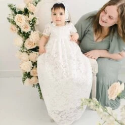 Rose Christening Gown & Bonnet(Rose Christening Gown Bonnet) -Tiny Trendz Gown Bonnet Christening Rose 1652