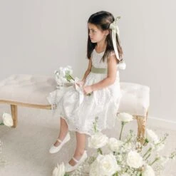 Silk Ribbon Hair Bow & Sash(Silk Ribbon Hair Bow Sash) -Tiny Trendz Grace Dress Green Bow 4813