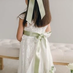 Silk Ribbon Hair Bow & Sash(Silk Ribbon Hair Bow Sash) -Tiny Trendz Grace Dress Sash Bow Green 4820