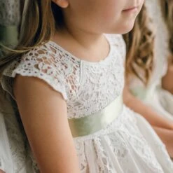 Silk Ribbon Hair Bow & Sash(Silk Ribbon Hair Bow Sash) -Tiny Trendz Grace Dress Sash Green Detail 5013