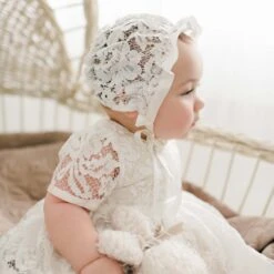 Rose Christening Gown & Bonnet(Rose Christening Gown Bonnet) -Tiny Trendz Rose Lace Bonnet Romper 7213
