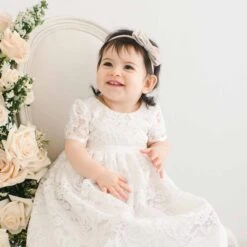 Rose Christening Gown & Bonnet(Rose Christening Gown Bonnet) -Tiny Trendz Velvet Bow Headband Rose 1662