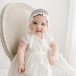 Victoria Puff Sleeve Christening Gown & Bonnet(Victoria Christening Gown) -Tiny Trendz Victoria Christening Baby Gown 6887
